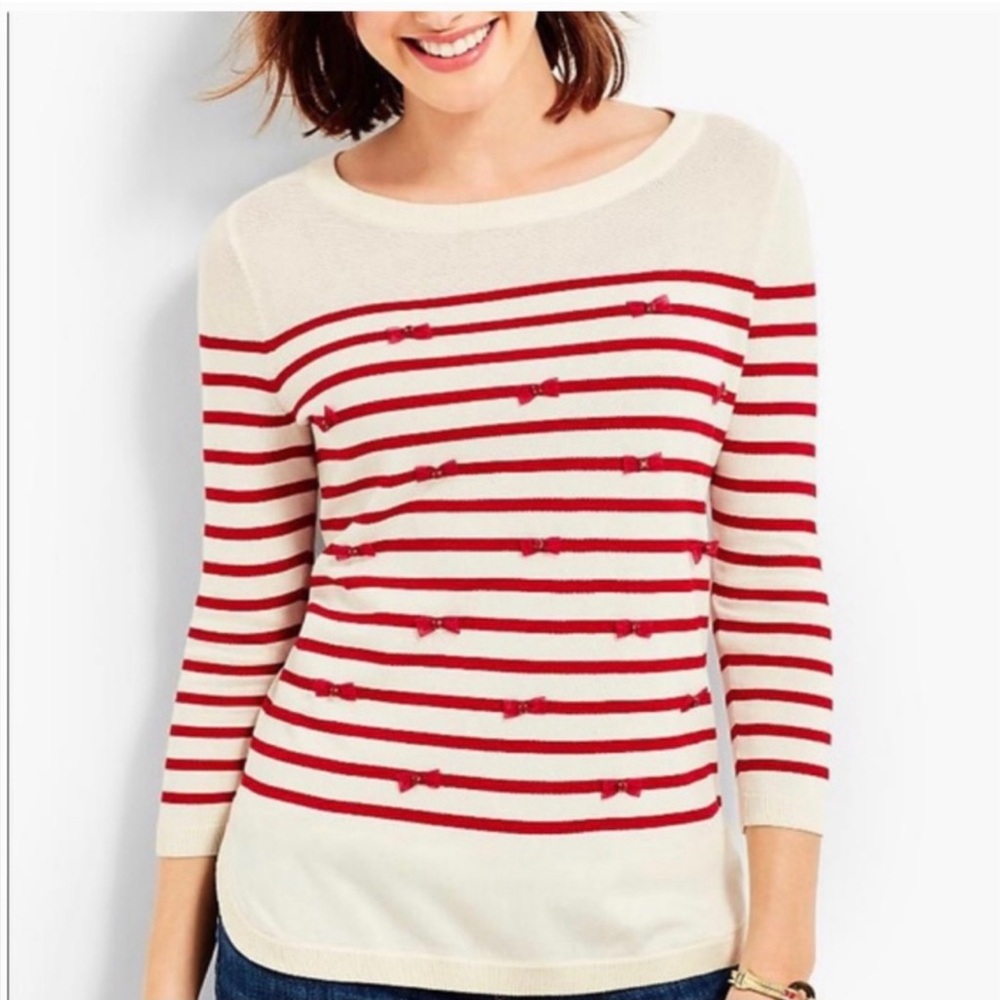 Talbots Bows and Stripes Coquette Holiday Crewneck Sweater Size Small